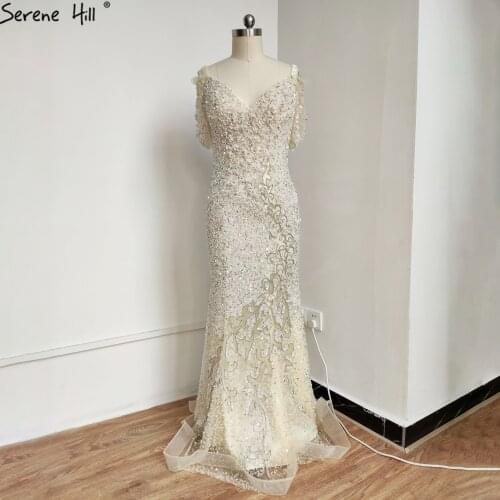 Ivory Mermaid Pearls Beadings Evening Dress Party Wear Dresses For Women 2020 Luxury V-Neck Short Sleeves Formal Dress BLA70463