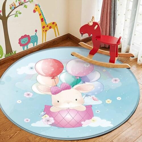 Simple Children Carpet Balloon Blue Cute Rabbit Pattern Non-Slip Baby Hand Print Round Carpet Baby Play Children Flannel Carpet