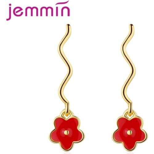 Romantic Women Sun Flower Shape Metal Gold Color Piercing Long Design Drop Earrings Jewelry Red Yellow Wave Bijoux