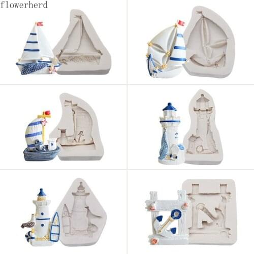 Sailboat Lighthouse Fondant Cake Silicone Mold Anchor Cake Decoration Chocolate Mold Ocean Wind DIY Baking Utensils Pastry Tools