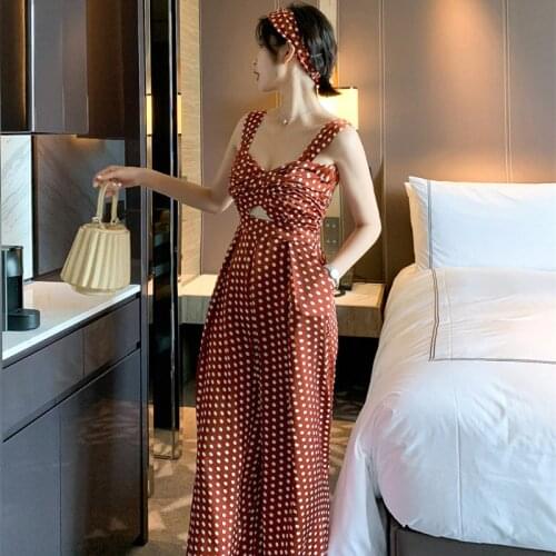 2020 Women Summer Vintage Jumpsuit Polyester V-neck Full Length Hollow Out Sling Dot Jumpsuits Rompers with Pocket