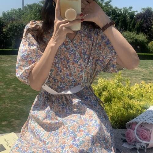 Women Summer Cotton Long Floral Wrap Dress 2021 New V Neck Lacing Up High Waist A-line Bandage Sundress Oil Paintings