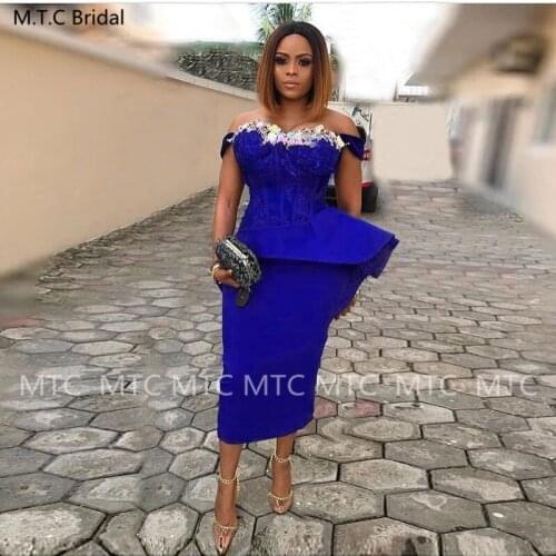 Royal Blue Short 2021 Prom Dresses Off The Shoulder Sheath Corset Appliques Black Women Formal Party Prom Gowns Plus Size