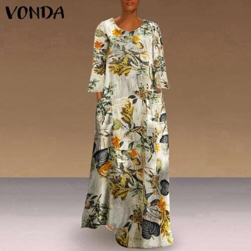 Women' Dress 2021 Vintage Pockets Floral Print Kaftan Dress Long Sleeve Robe VONDA Casual Sundress Plus Size Vestido S-5XL