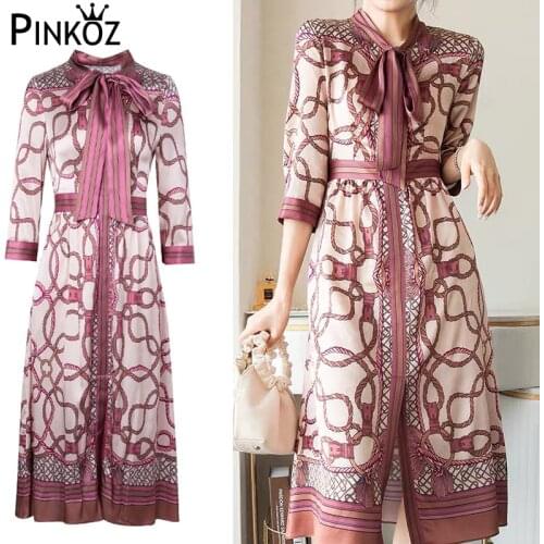 Pinkoz Chain Print Shirt Dress Workwear Women Button Design Bow Collar Casual lace up high waist loose plus size red dresses new