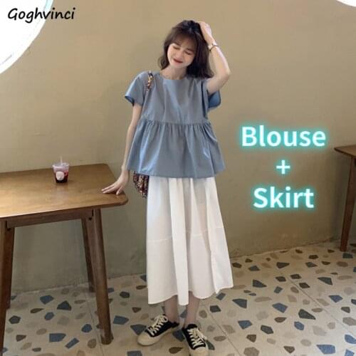 Women Dress Sets Short Sleeve Bow Bandage Kawaii Blouse Sweet Loose Elastic Waist Pleated White Skirt Fairy Gentle Korean Style