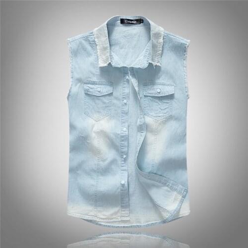 2021 Mens Summer Thin Slim Fit Thin Denim Vest Youth Light Blue Cotton Casual Vest