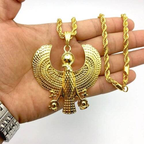 Stainless Steel Blessed Virgin Horus Eagle Gold Men Pendant Necklace Ancient Egyptian Fashion Hip Hop Jewelry 60cm Chain