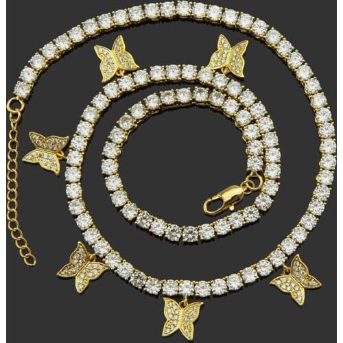 4MM Full Iced Out Hip Hop Tennis Chain with Butterfly Rhinestones Chain Necklaces for Women Men Jewelry