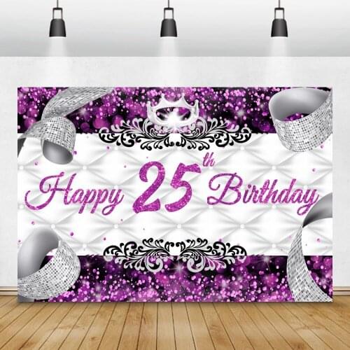 Happy 25th Birthday Silver Crown Headboards Texture Background Purple Glitters Ribbons Decor Custom Poster Photography Backdrop