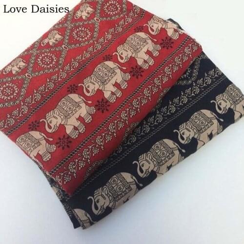 Cotton/Linen Textile RED BLACK Retro Thailand Elephant Floral Fabrics for DIY Tablecloth Curtain Cushions Apparel Handwork Craft