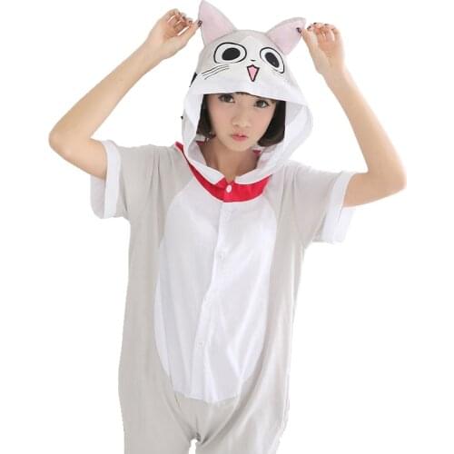 Kigurumi Chis Cat Sweet Pajama Adult Animal Onesies for Women Men Summer Short Sleeve Kegurumi Sleepwear Cotton Pijamas pyjama