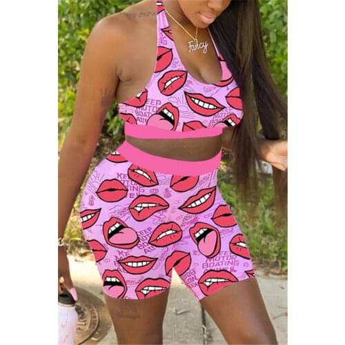 Lips Print Two Pieces Shorts Set, Sleeveless Crop Tank Top and Shorts for Women, Summer Casual Workout Tracksuits S/M/L/XL