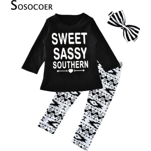 SOSOCOER Girls Clothing Sets 2017 New Autumn Letter Arrow T Shirt+Geometric Pants+Stripe Bow Headband 3pcs Kids Girl Clothes Set
