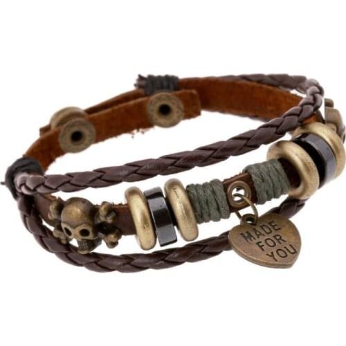 Punk Gothic Skull Bracelet Hippie Rock Bronze Heart Charm Retro Multilayer Leather Wristband Bangle Wrap Fashion Vintage Jewelry