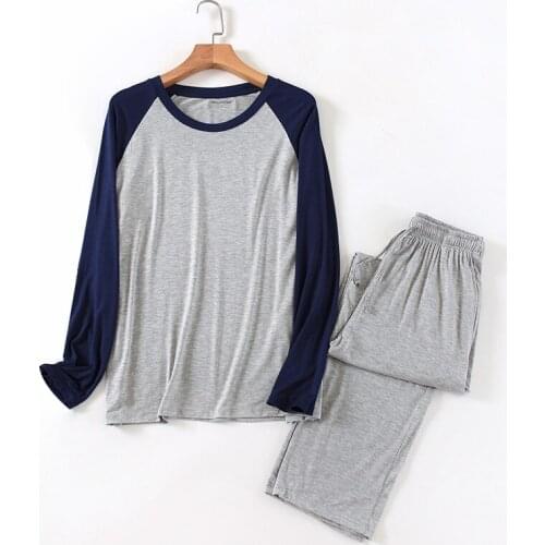 5XL Plus Size Long Sleeve Soft Modal Home Clothes for Men Autumn 2 Pieces Set Male Pajamas Casual Patchwork Homewear Sleepwear