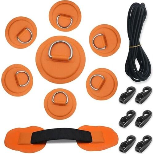 NEW-7Pck D-Ring Patch Kayak D Ring Pads & 20Ft Strong Elastic Bungee Shock Cord With Hooks Bungee Deck Rigging Kit