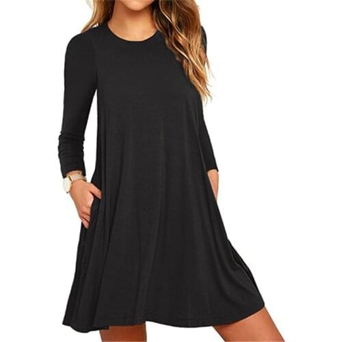 2021 New Autumn Cotton Dress Women Long Sleeve O-Neck Black A-line Dress Casual Pocket Loose Mini Dress Female Clothing Vestidos