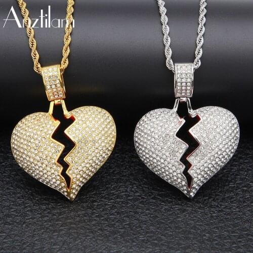 Hip Hop Red Oil Heart Necklace & Pendants Bling Gold Silver Color Broken Heart Choker for Men Rapper Jewelry