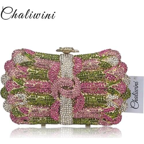 Luxury Crystal Evening Bag Womens Flower Wreath Diamond Party Purse Pochette Purse Lady Chain Handbags Wedding Bag Day Clutches