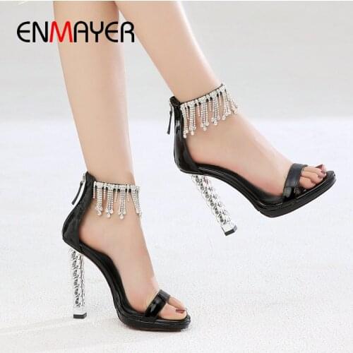 ENMAYER Women Sandals Patent Leather Zip High Heel Sandals Women Fashion Crystal Wedding Cover Heel Round Toe Women Shoes 34-40