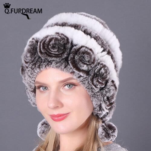 Q.FURDREAM New Woman Natural Rex Rabbit Fur Hat Rose Pattern Hair Ball Wire Fabric Lining Multiple Color Options Winter Warm