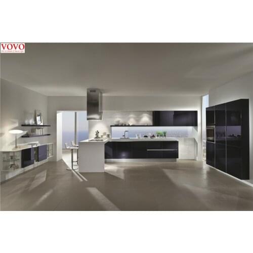 Modern black lacquer kitchen cabinets with bar counter