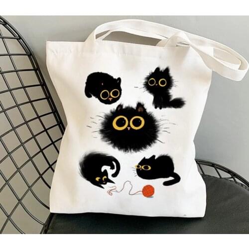 Cute Tote Bag Animals Black Cat Print Canvas Bag Eco Shopping Bag Daily Use Foldable Handbag Large Capacity Canvas Tote Women