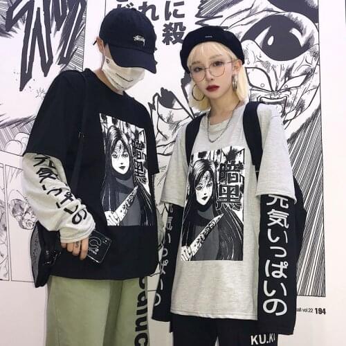 Ins same Harajuku bf style dark manga Japanese text printing stitching fake two men women Sweatshirt hoodie bottoming Sweatshirt