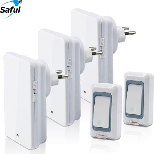 Saful EU/US/UK/AU Plug Waterproof Battery powered Wireless Doorbell Button 2 Push button Transmitters + 3 Doorbells Receiver