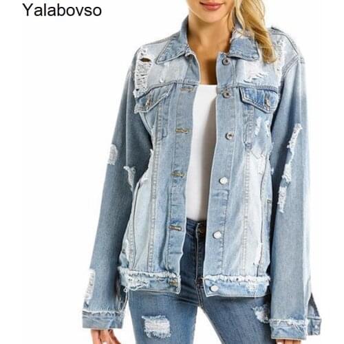 New Denim Coat Cowboy Womens Long Sleeves Hole Jacket For Women Washed Fashion Outwear Female Yalabovso