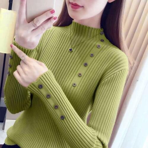 Womens turtleneck button semi-high collar crop top womens bottoming shirt autumn and winter new style pullover sweater