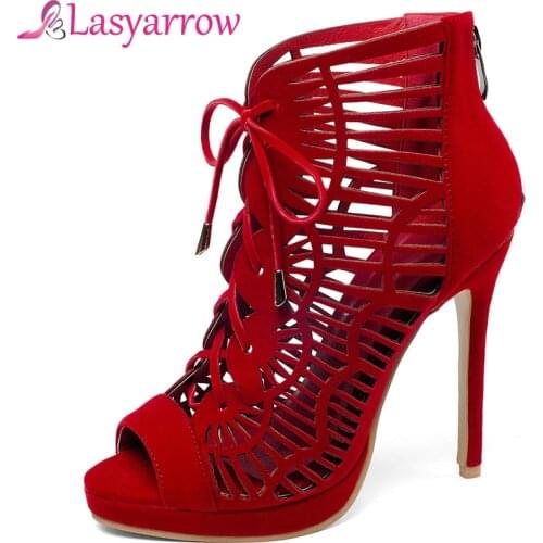 Lasyarrow 2019 Summer Peep Toe ankle sandals boots sexy cutouts Cross-tied stiletto heels womens 11.5cm high heels shoes woman