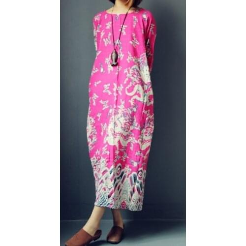 2018 Summer New Arrivals Womens Vintage Print fluid vintage design long Flax Dress Robe Linen dresses 16390