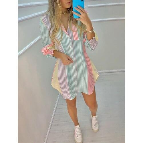 Fashion Striped Contrast Summer Women Shirt Dress Single Breasted V Neck Long Sleeve Dress Y2k Casual Vacation Beach Dress Robe