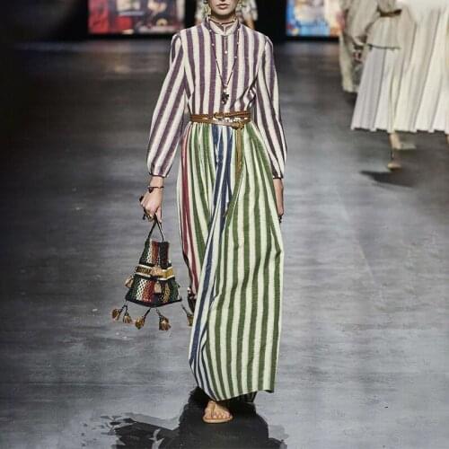 Quality 11.25 High End Tie-dye Print Long Women Lantern Sleeve Contrast Color Striped Pleated Dress With Belt