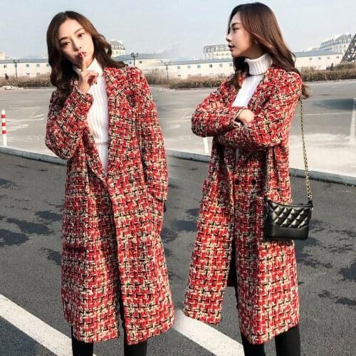 Red Check Woolen Coat Womens Mid-Length 2021 Spring And Autumn New Female Thickened Long Tweed Jacket Fashion Windbreaker f1525