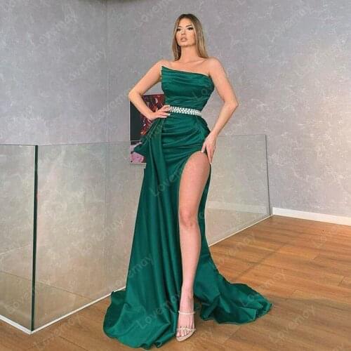 Hunter Green Mermaid Evening Dresses 2021 Strapless Sexy Prom Dresses Crystals High Split Formal Party Robes De Soirée