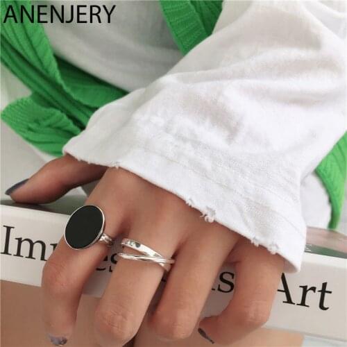 ANENJERY Simple Fashion Black Drop Glaze Oval Shaped Silver Color Open Ring For Women Party Jewelry Gifts S-R696