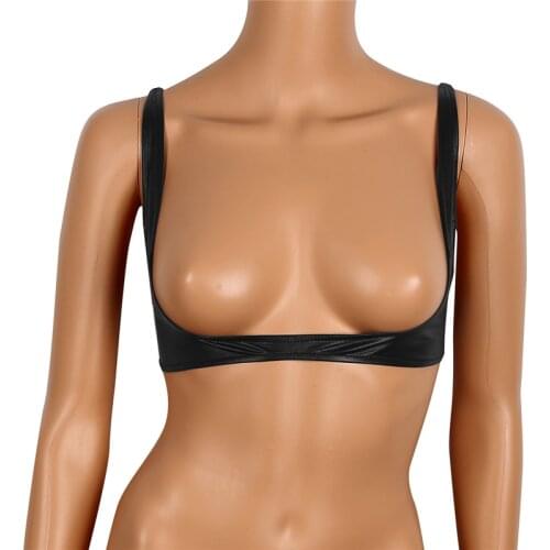 Sexy Womens Exposed Breasts Nipples Bra Lingerie Fashion Faux Leather Adjustable Wire-free Open Cup Shelf Bra Nightclub Wear