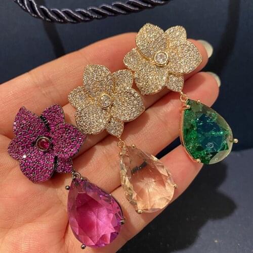 Color Flowers Big Water Drop Tassel Earrings Clear Crystal Purple Cubic Zircon Temperament Long Petal Women Jewelry Dropshipping