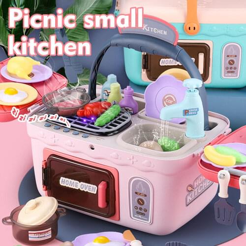 Kids Kitchen Cooking Playset Picnic Basket Toy with Musics Lights Color Changing Food Toys for Children Christmas Gifts