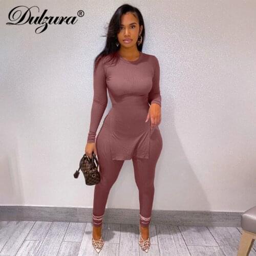 Dulzura Ribbed Knitted Women Two Piece Set Long Sleeve Slit Top Leggings Skinny Casual Sporty Tracksuit Streetwear 2021 Summer