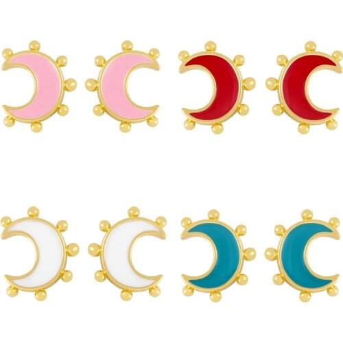 FLOLA 6 Colors Copper Moon Earrings Enamel Gold Stud Earrings For Women Girl Wholesale Jewelry ersx68