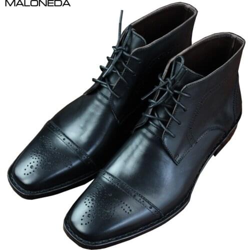 MALONEDE Bespoke Big Size Brogue Pattern Handmade Goodyear 100% Genuine Cow Leather Square Toe Lace Up Short Boots for Men
