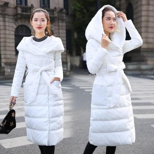 2021 New Down Cotton Jacket Coat Women Warm Hooded Down Parkas Coat Female Long Slim Cotton-padded Coats Ladies Belt Cotton Coat