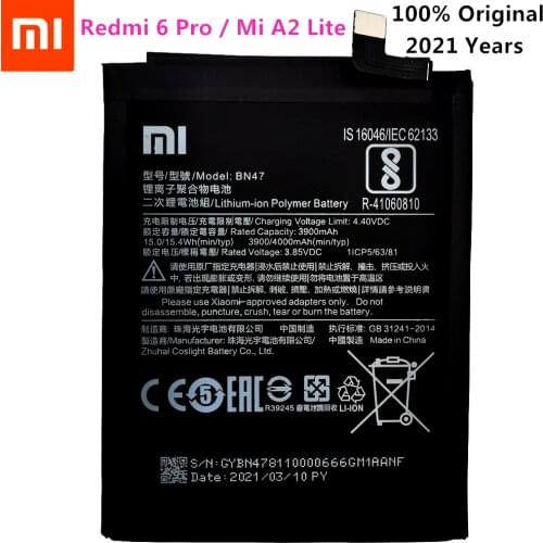 2021 Years Original 4000mAh BN47 Replacement Battery For Xiaomi Redmi 6 Pro / Mi A2 Lite Bateria Batterie Mobile Phone Batteries