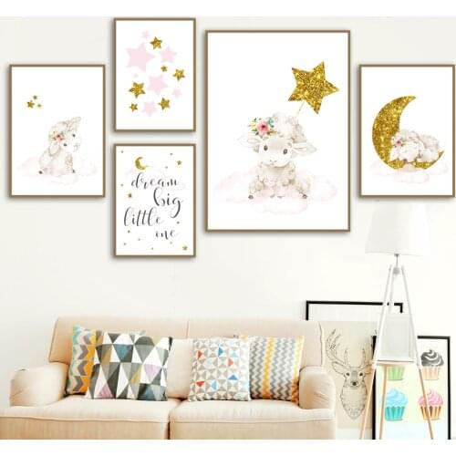 Cute Sheep Moon Star Cloud Quotes Nursery Wall Art Canvas Painting Nordic Posters And Prints Wall Pictures Baby Kids Room Decor