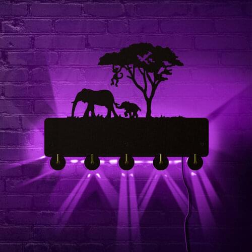 Elephant Family Household Decor Multi-color LED Lighted Hook Wall Coat Keys Holder Bags Clothes Rack Climbe The Tree Monkey Hook