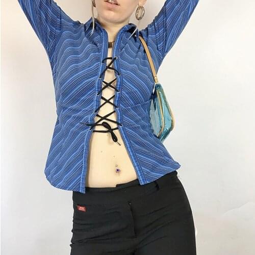 Y2K Fashion 90s Aesthetics Striped Printing Long Sleeve Shirts Vintage Bandage Tie Up Top Turn-down Collar T-shirts Sexy 2021